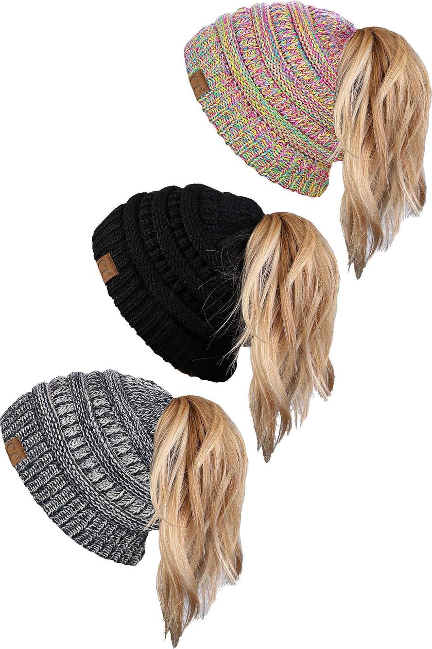 5954 3 Pack Ponytail Beanie Bundle - Grey #31, Black, & Rainbow